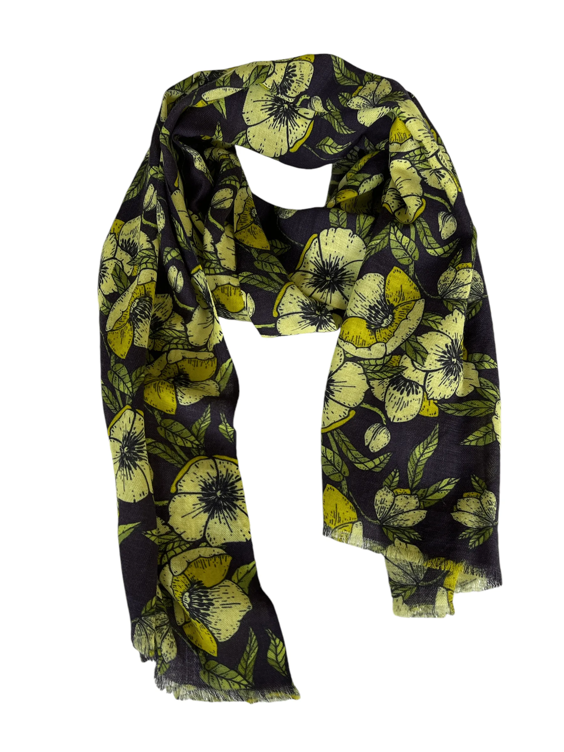 🍀  Floral Scarf - Navy Blue Green - Pure Wool Twill