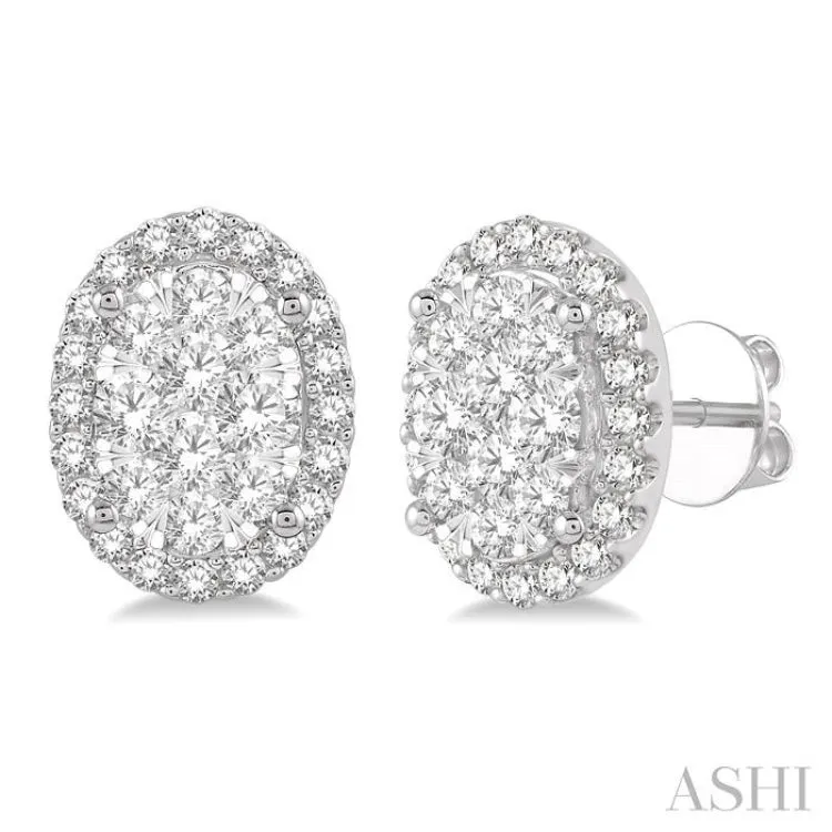 1 Ctw Oval Shape Lovebright Round Cut Diamond Stud Earrings in 14K White Gold