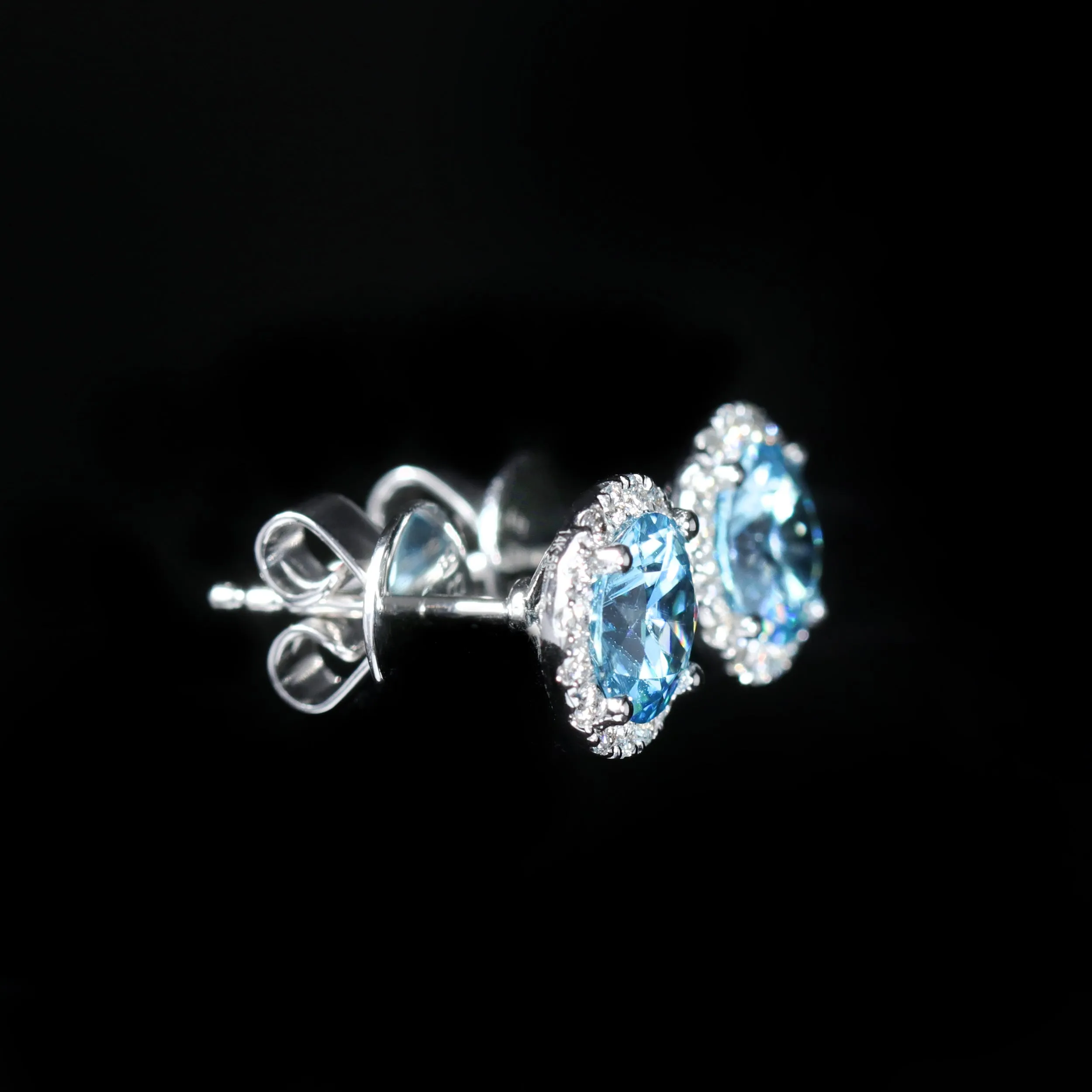 14K White Gold 2.87 CTW Blue Zircon and Diamond Stud Earrings