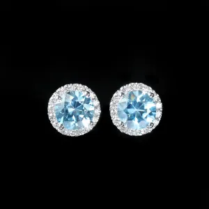 14K White Gold 2.87 CTW Blue Zircon and Diamond Stud Earrings