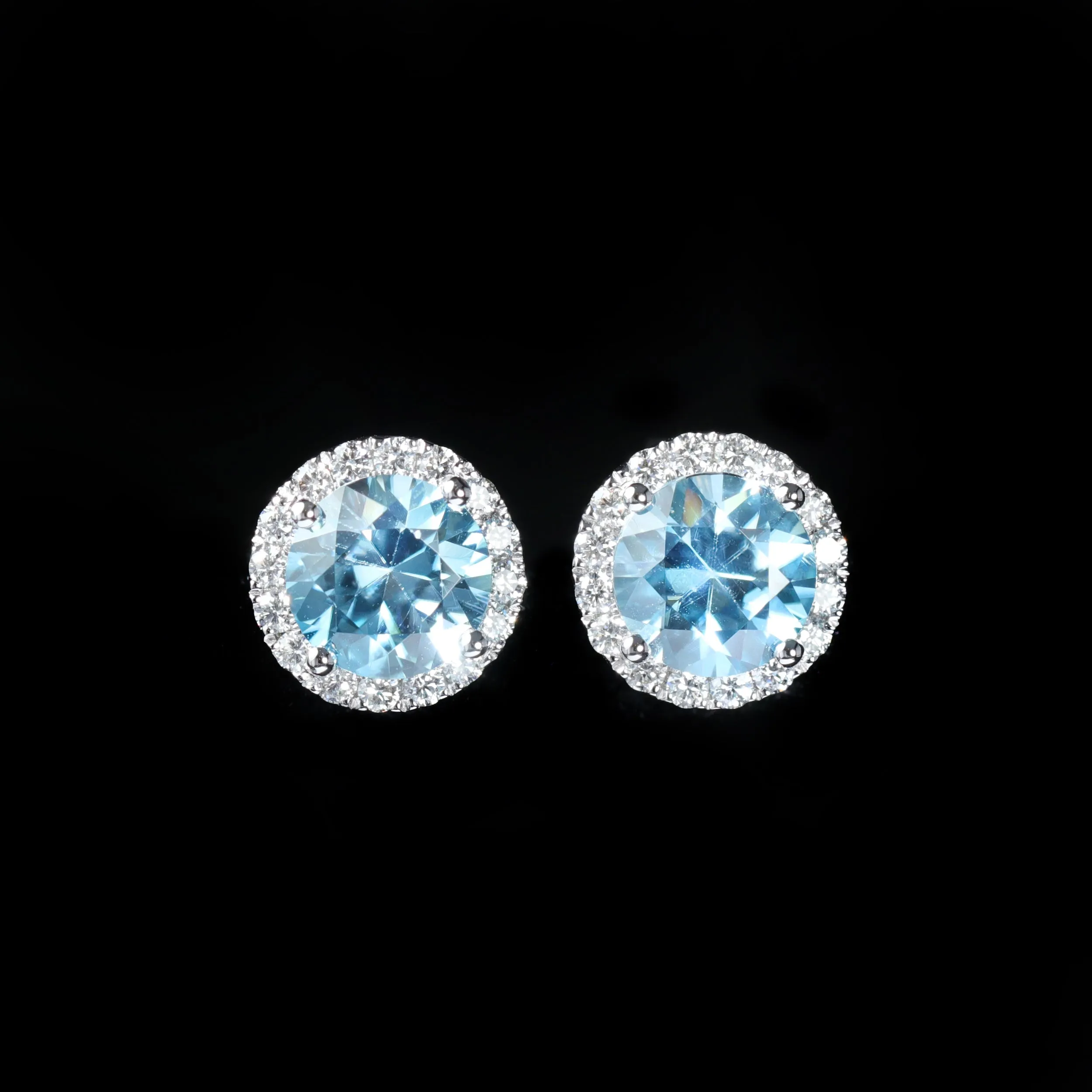 14K White Gold 2.87 CTW Blue Zircon and Diamond Stud Earrings