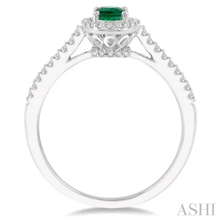 1/5 Ctw Oval Shape 6x4mm Emerald & Round Cut Diamond Precious Ring in 10K White Gold