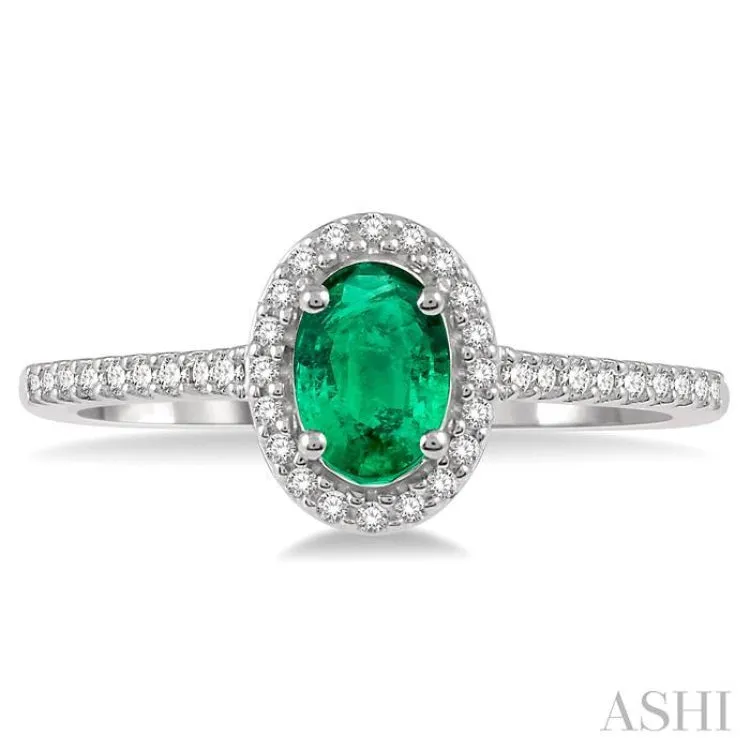 1/5 Ctw Oval Shape 6x4mm Emerald & Round Cut Diamond Precious Ring in 10K White Gold