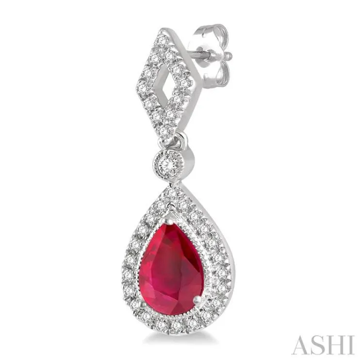 1/5 Ctw Pear Shape 5x3 MM Ruby & Round Cut Diamond Precious Earring in 10K White Gold