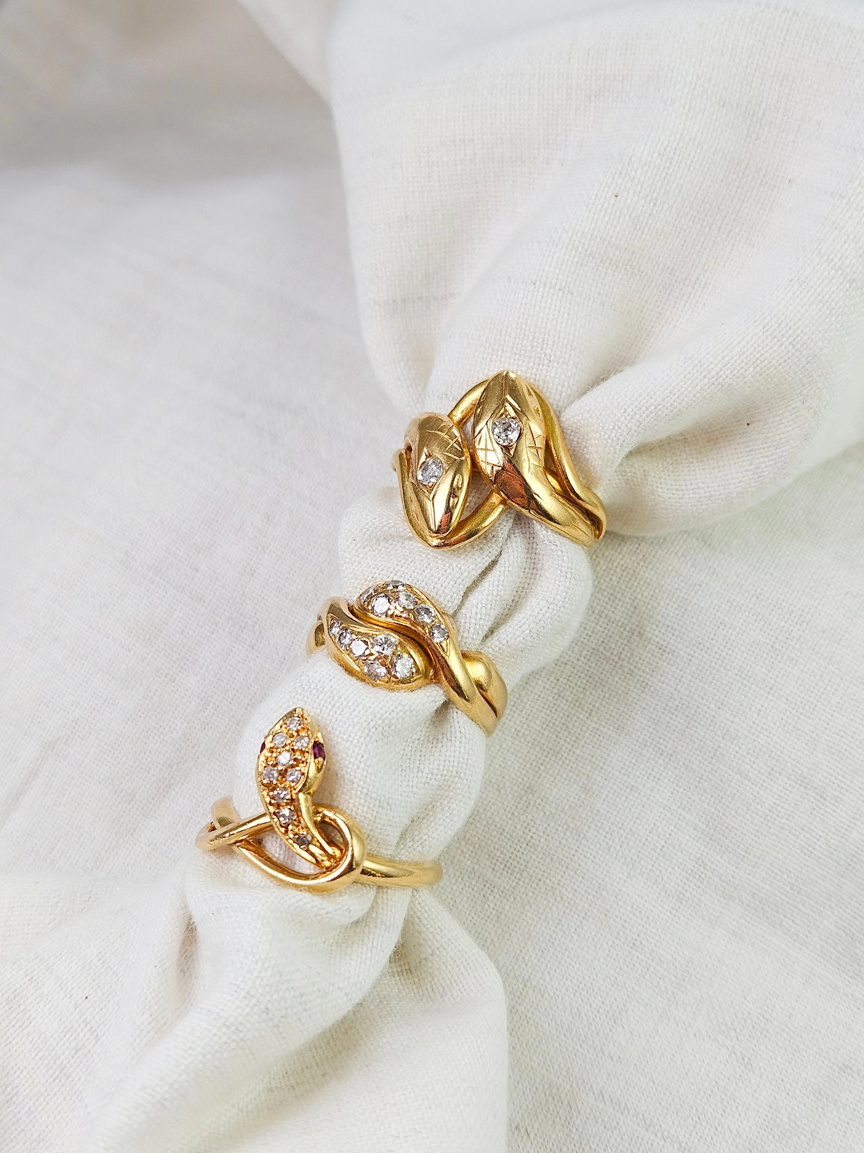 18K Yellow Gold Antique Diamond Pave Double Headed Snake Toi et Moi Ring Size 5 | Indulgems | Designs in Real Gold