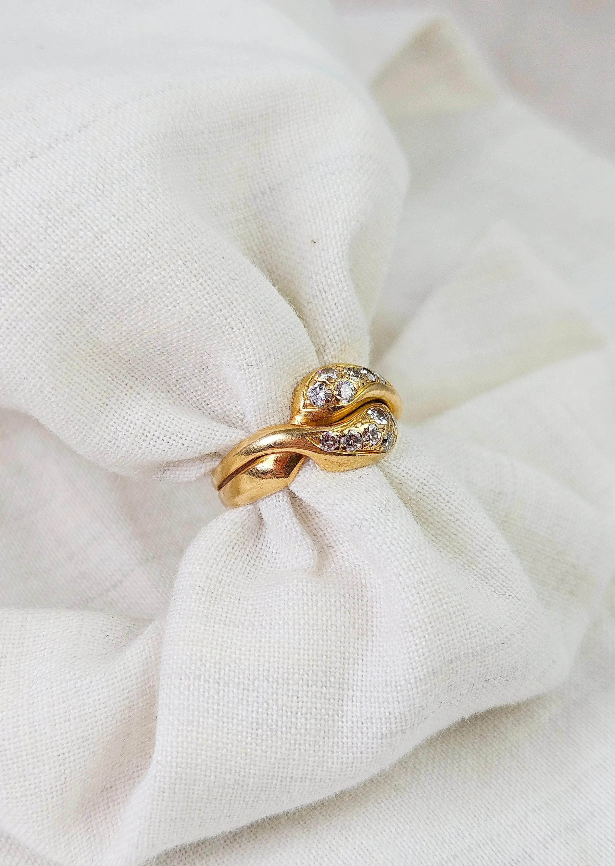 18K Yellow Gold Antique Diamond Pave Double Headed Snake Toi et Moi Ring Size 5 | Indulgems | Designs in Real Gold