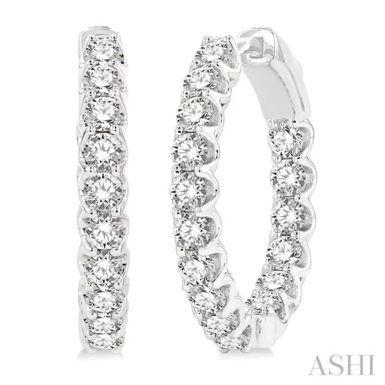 2 ctw Interior and Exterior Embellishment Round Cut Diamond Fashion Hoop Earring in 14K White Gold