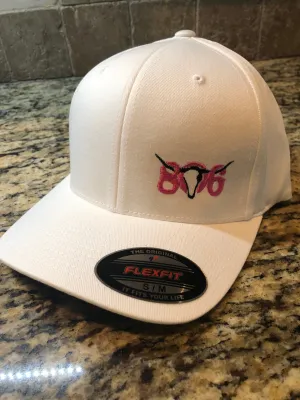 806 Flex Fit Hat (White Hat with hot pink 806 and black Skull)