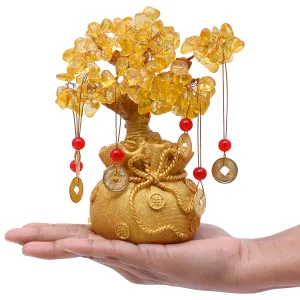 ABOUT SPACE Lucky Feng Shui Citrine Tree of Life Bonsai - Gold Crystal Ornaments with Hanging Coin Charms for Health, Wealth and Happiness - Table Decor, Living Room, Office (7 x 3 inch)