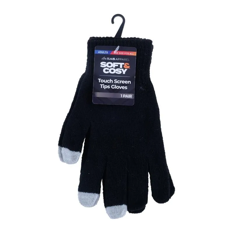 Adult Touch Screen Gloves Black With Grey Touch Screen Tips