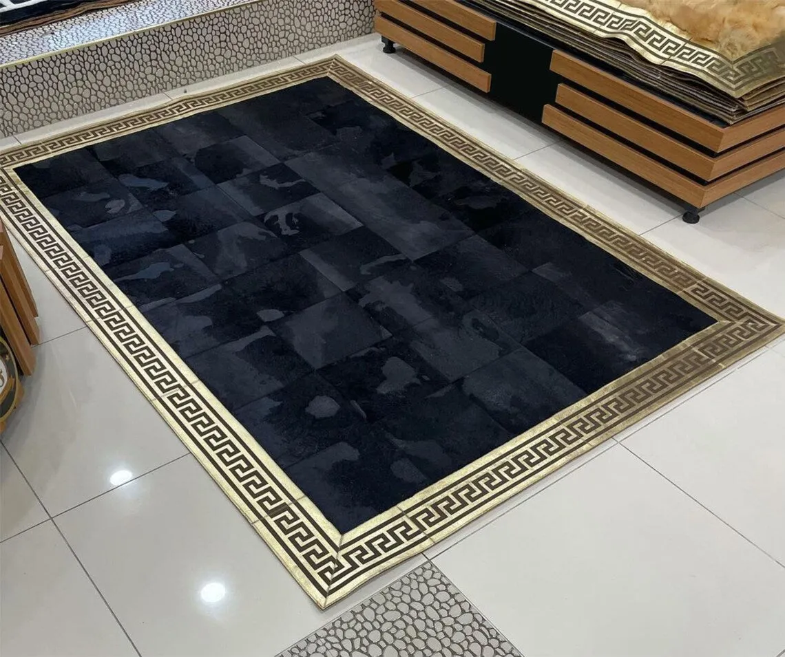 Black And Gold Handmade Modern Real Cowhide Area Rug , 6x8 Luxury Rug