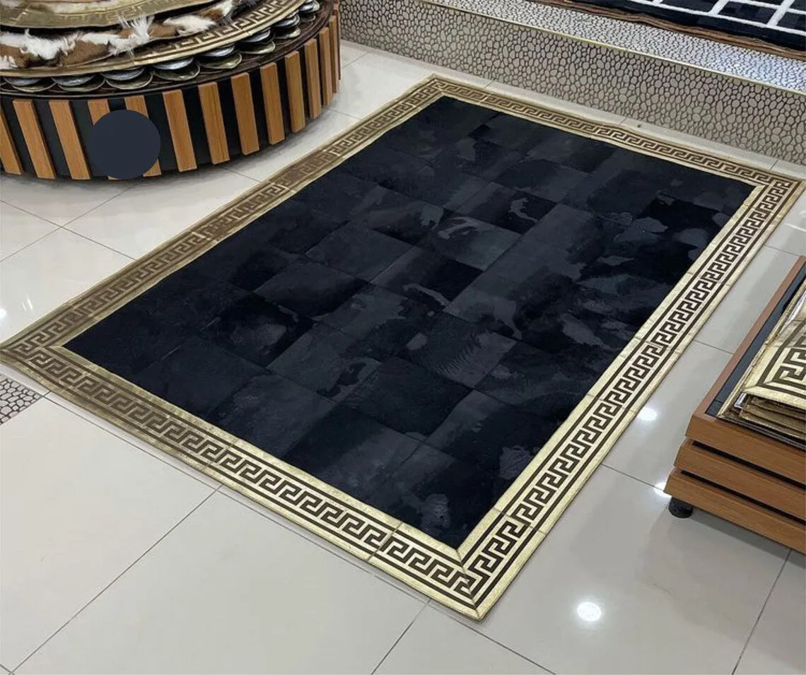 Black And Gold Handmade Modern Real Cowhide Area Rug , 6x8 Luxury Rug