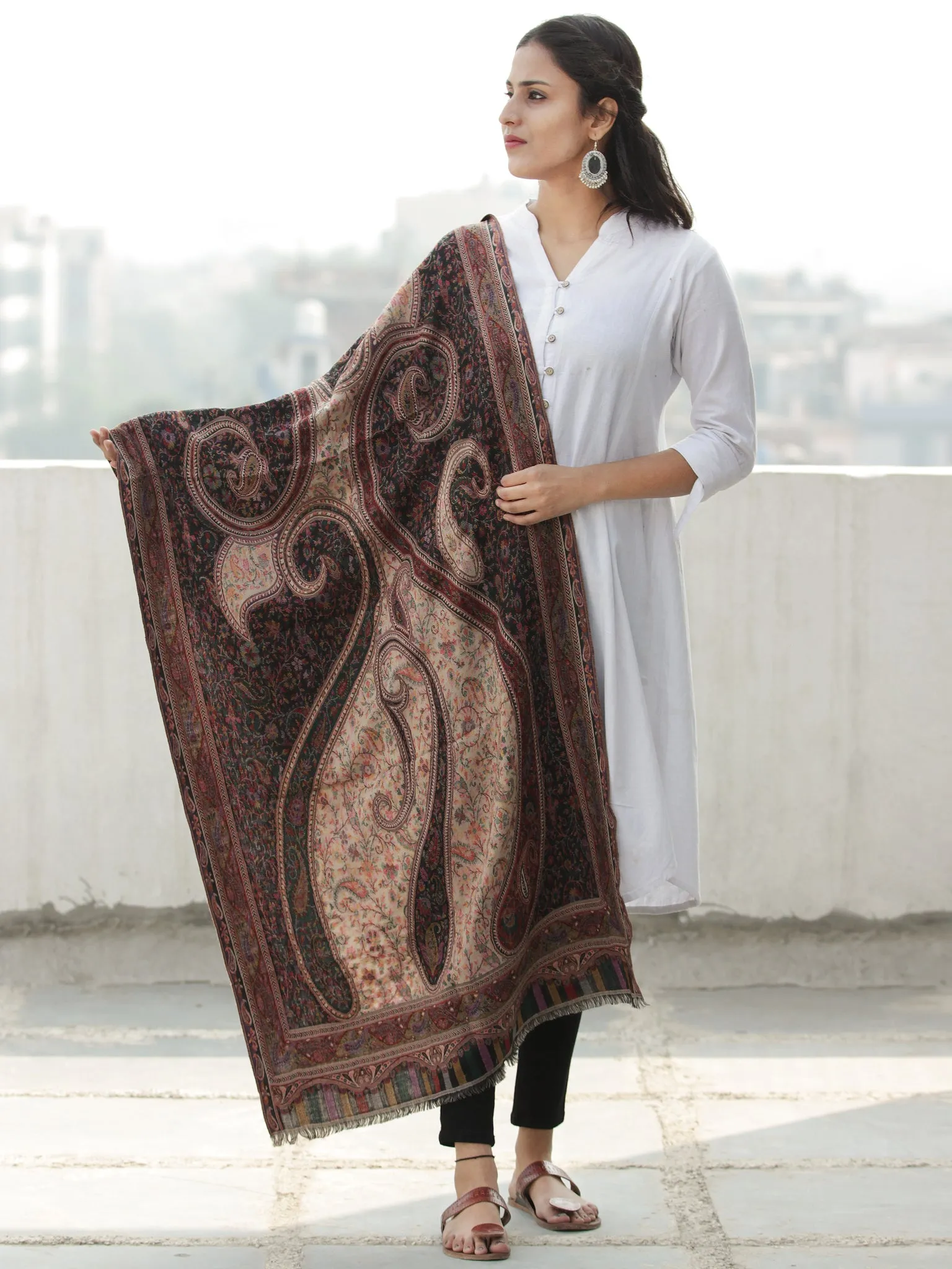 Black Beige Multi Color Kani Jamawar Pure Cashmere Woollen Stole  - S200563