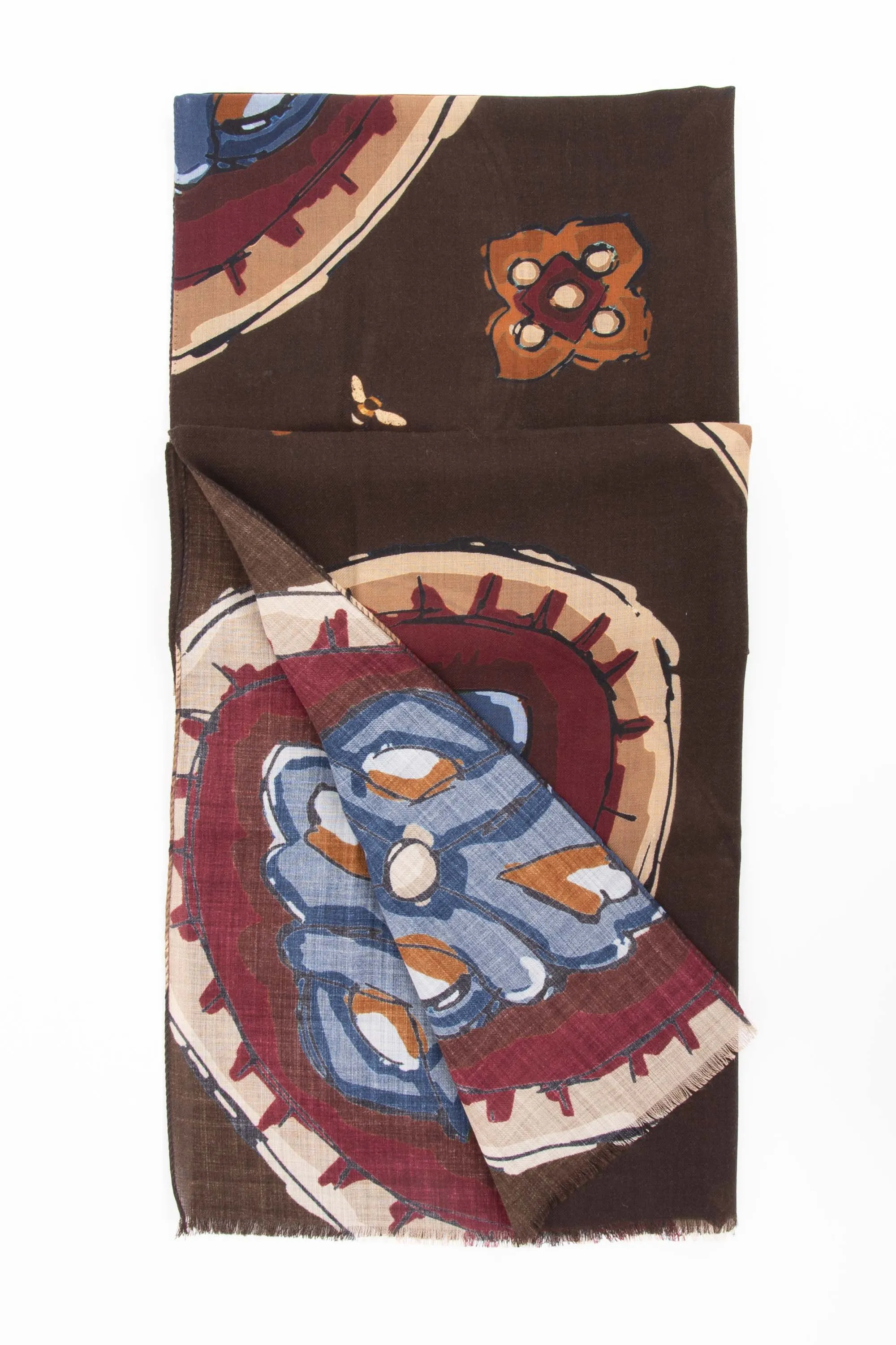 Brown Pure Italian Wool Medallion Scarf