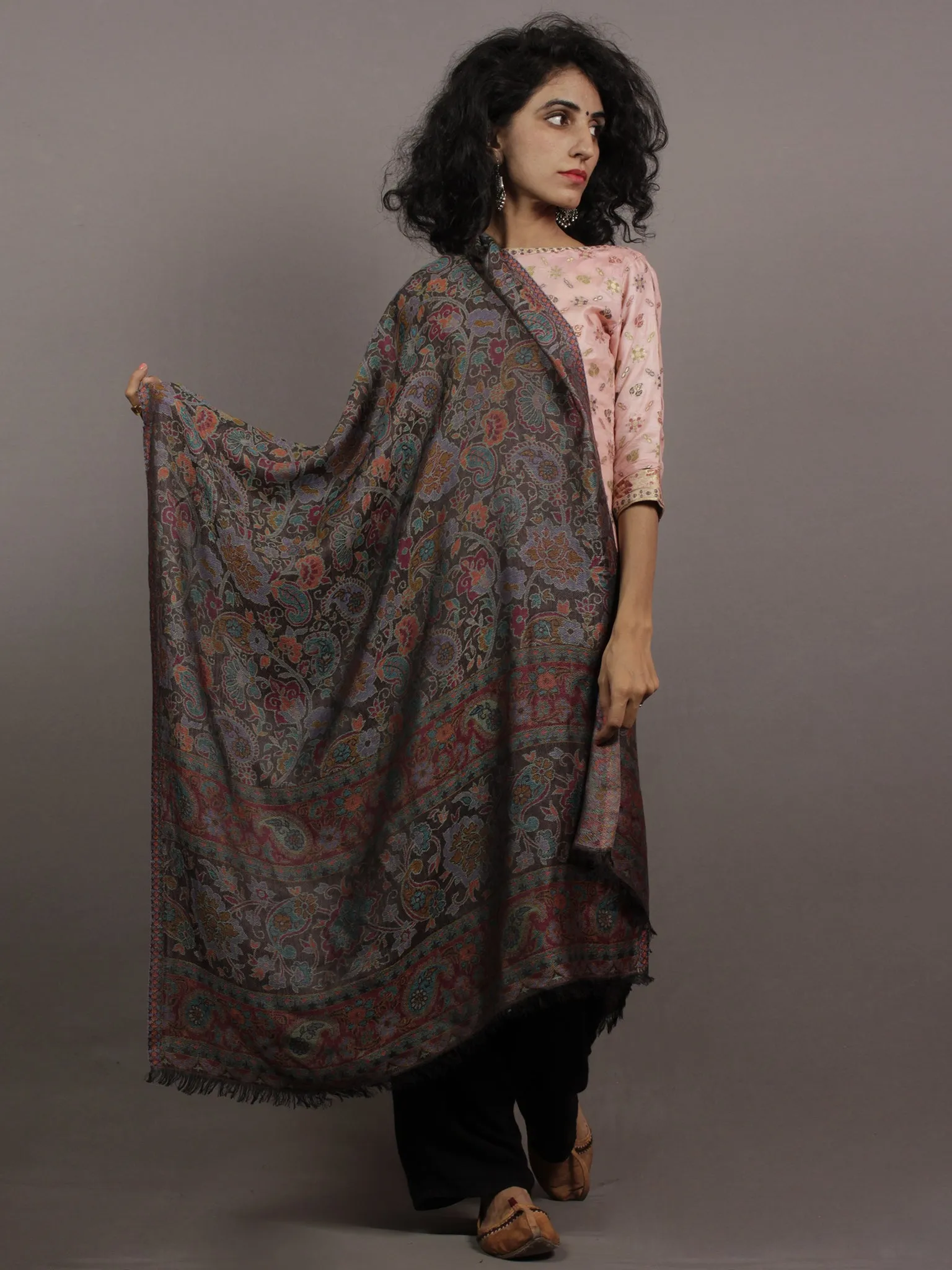 Chocolate Brown Blue Pink Cashmere Jamawar Silk Woolen Stole - S6317205