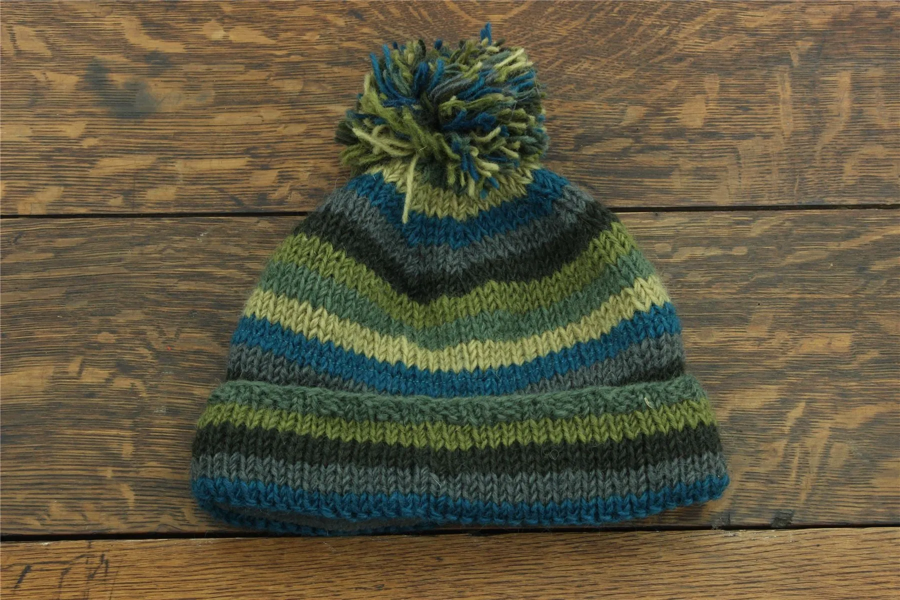 Chunky Wool Knit Beanie Bobble Hat - Stripe Green Blue