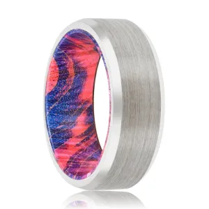 DAZZLE | Blue & Red Wood, Silver Tungsten Ring, Brushed, Beveled