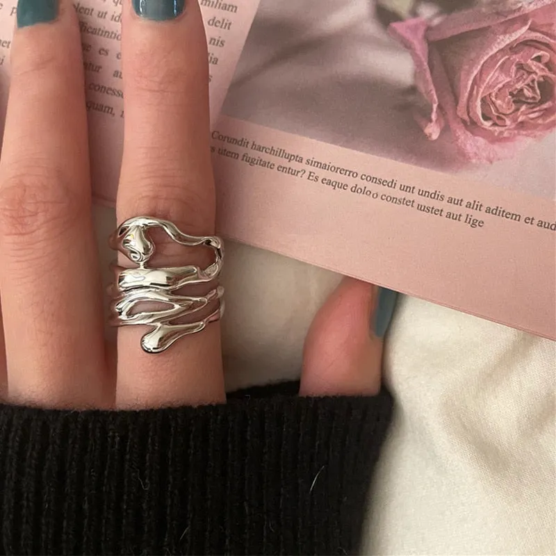 deanwangkt New Arrival Irregular Hollow Silver Color Wide Ring Female Fashion Retro Unique Design Handmade Jewelry Gifts