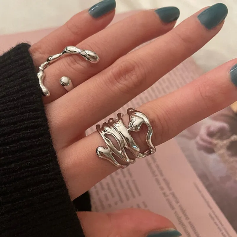 deanwangkt New Arrival Irregular Hollow Silver Color Wide Ring Female Fashion Retro Unique Design Handmade Jewelry Gifts