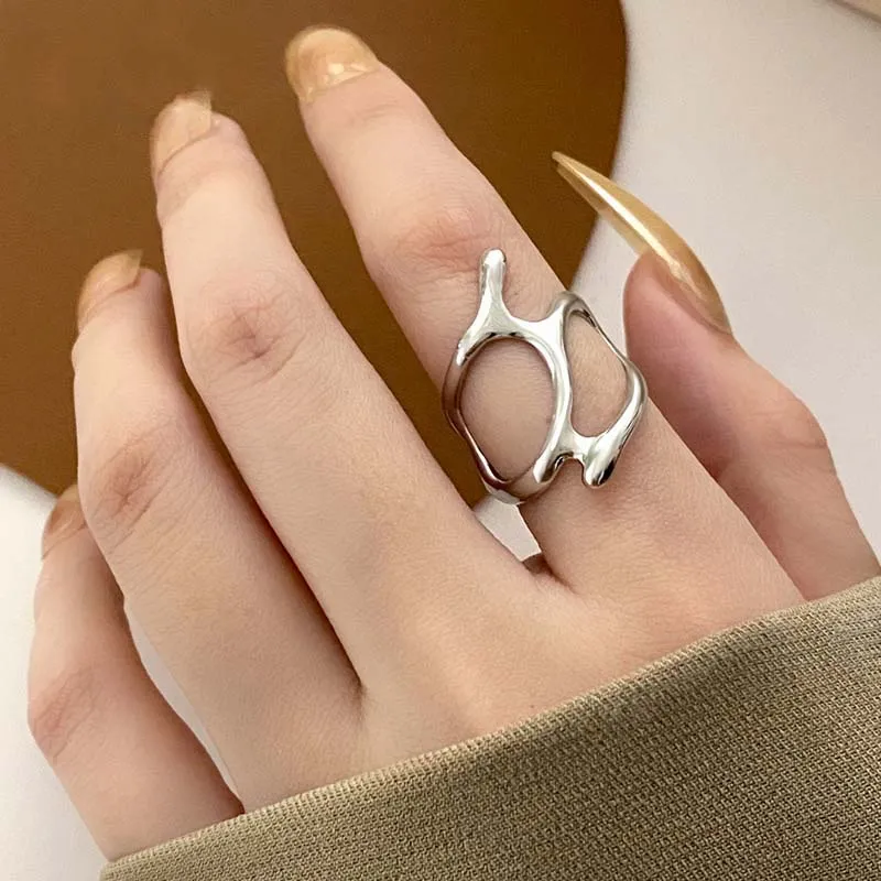 deanwangkt New Arrival Irregular Hollow Silver Color Wide Ring Female Fashion Retro Unique Design Handmade Jewelry Gifts