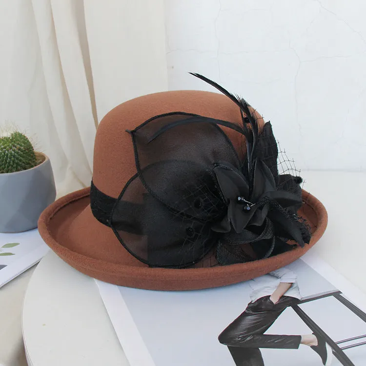 Fashion elegant bowler hat in autumn and winter Women's woolen pot hat Feather mesh flower felt hat