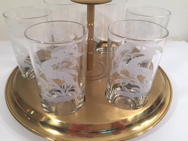 Federal Glass Mid-Century Art Deco Gazelle Bar Set (6 Glasses and Carrier)