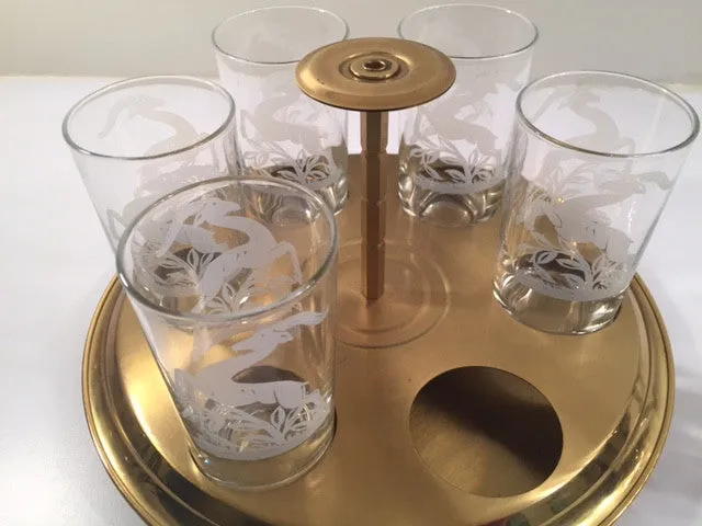 Federal Glass Mid-Century Art Deco Gazelle Bar Set (6 Glasses and Carrier)