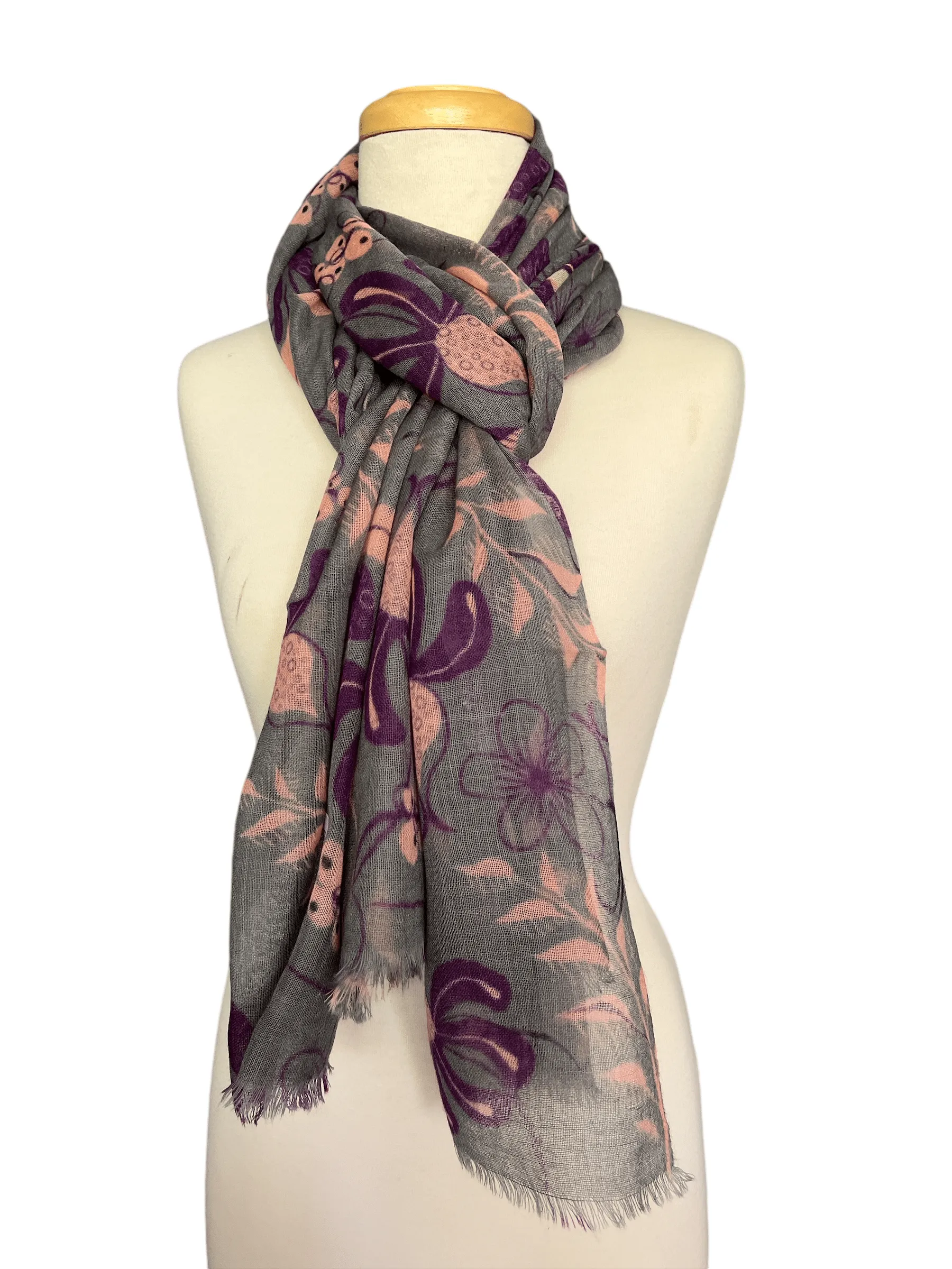 Floral Scarf - Fine Wool Luxury - Grey Purple Pink