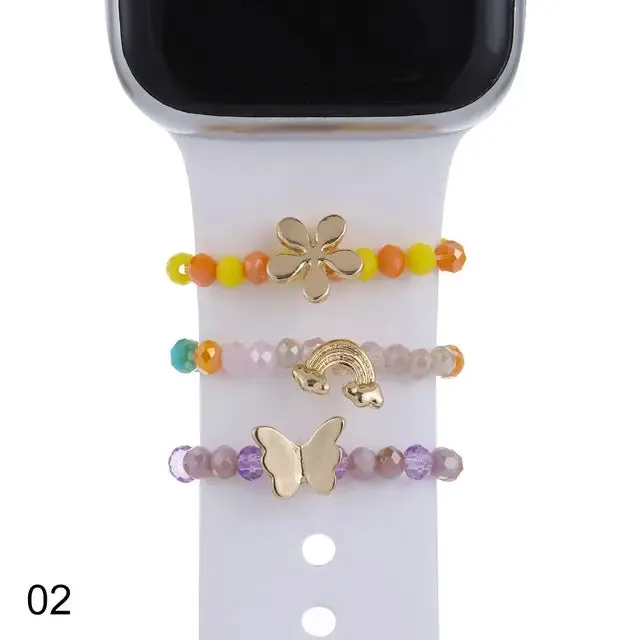 For Apple Watch Band Diamond Pearl Ornament Metal Charms Decorative Ring Creative Chain Smart Watch Silicone Strap Accessories