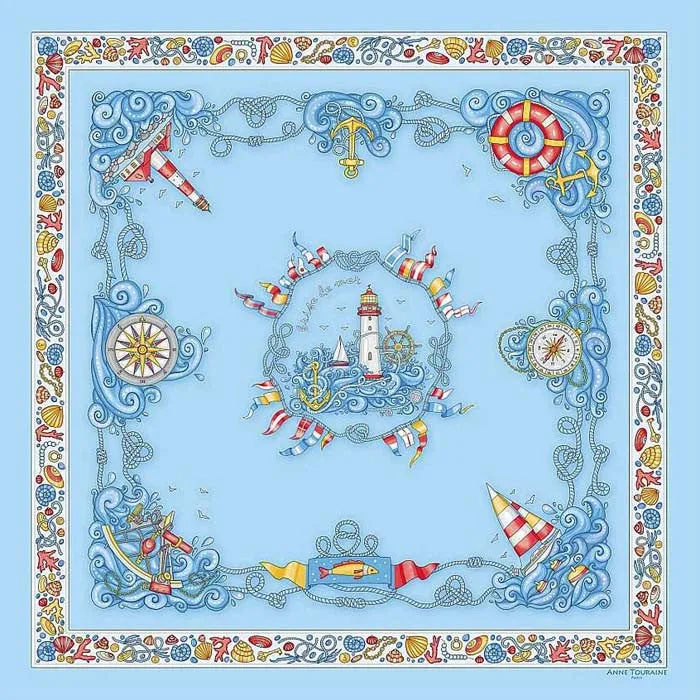 FRENCH SILK SCARF - NAUTICAL - Crystal Blue - 27x27"