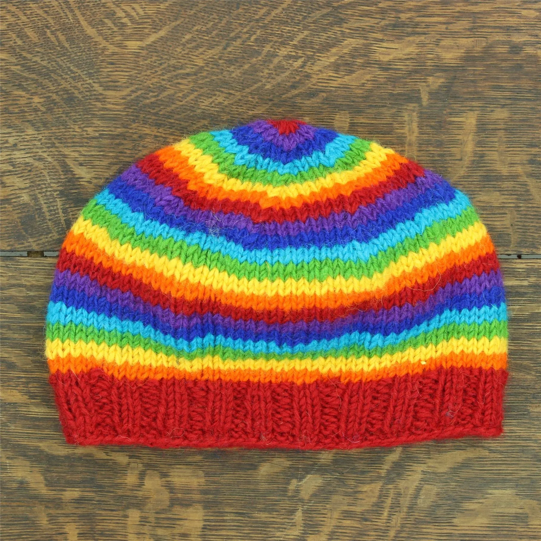 Hand Knitted Wool Beanie Hat - Stripe Bright Rainbow