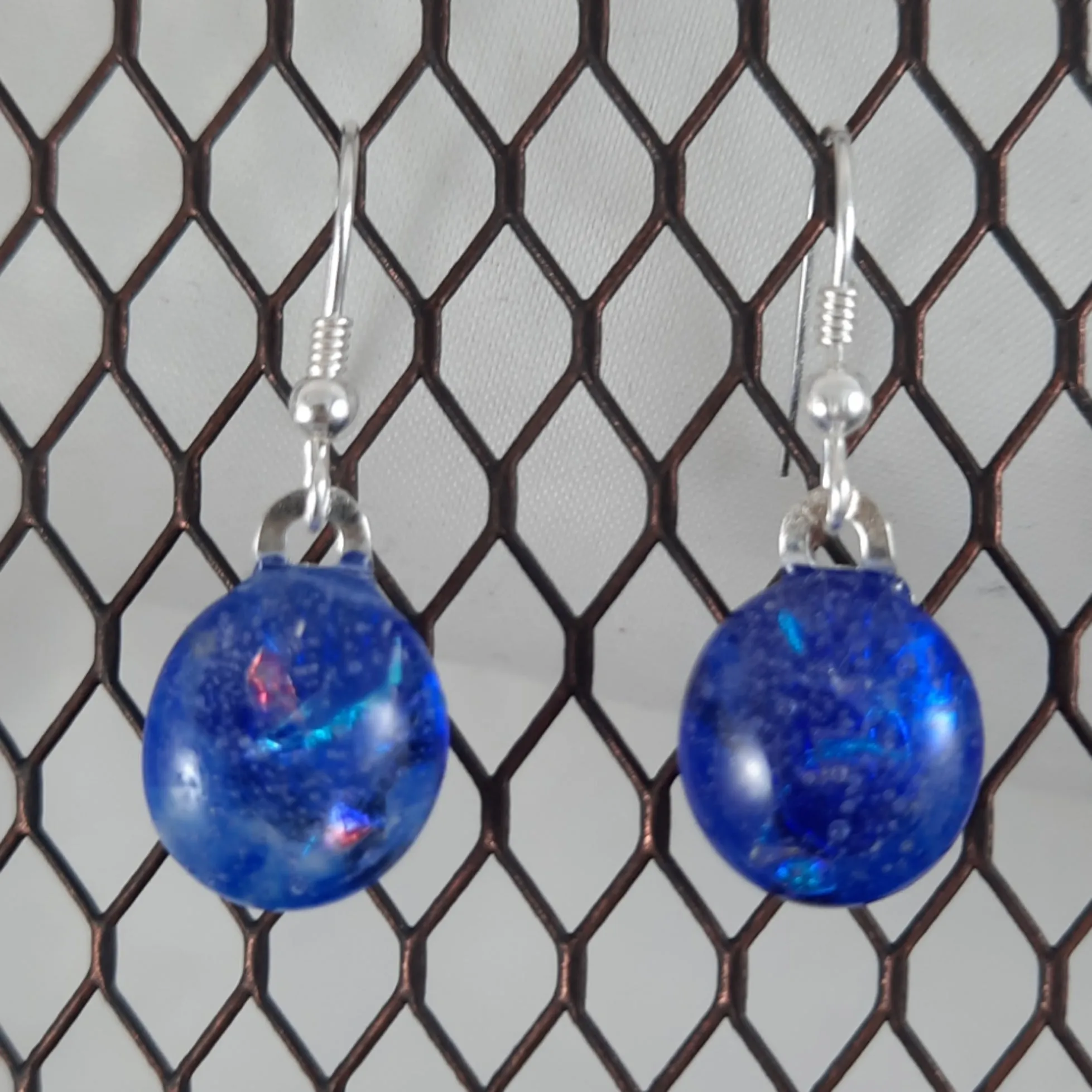 Handmade Blue and Rainbow Dichroic Art Glass Earrings, Christmas Gift