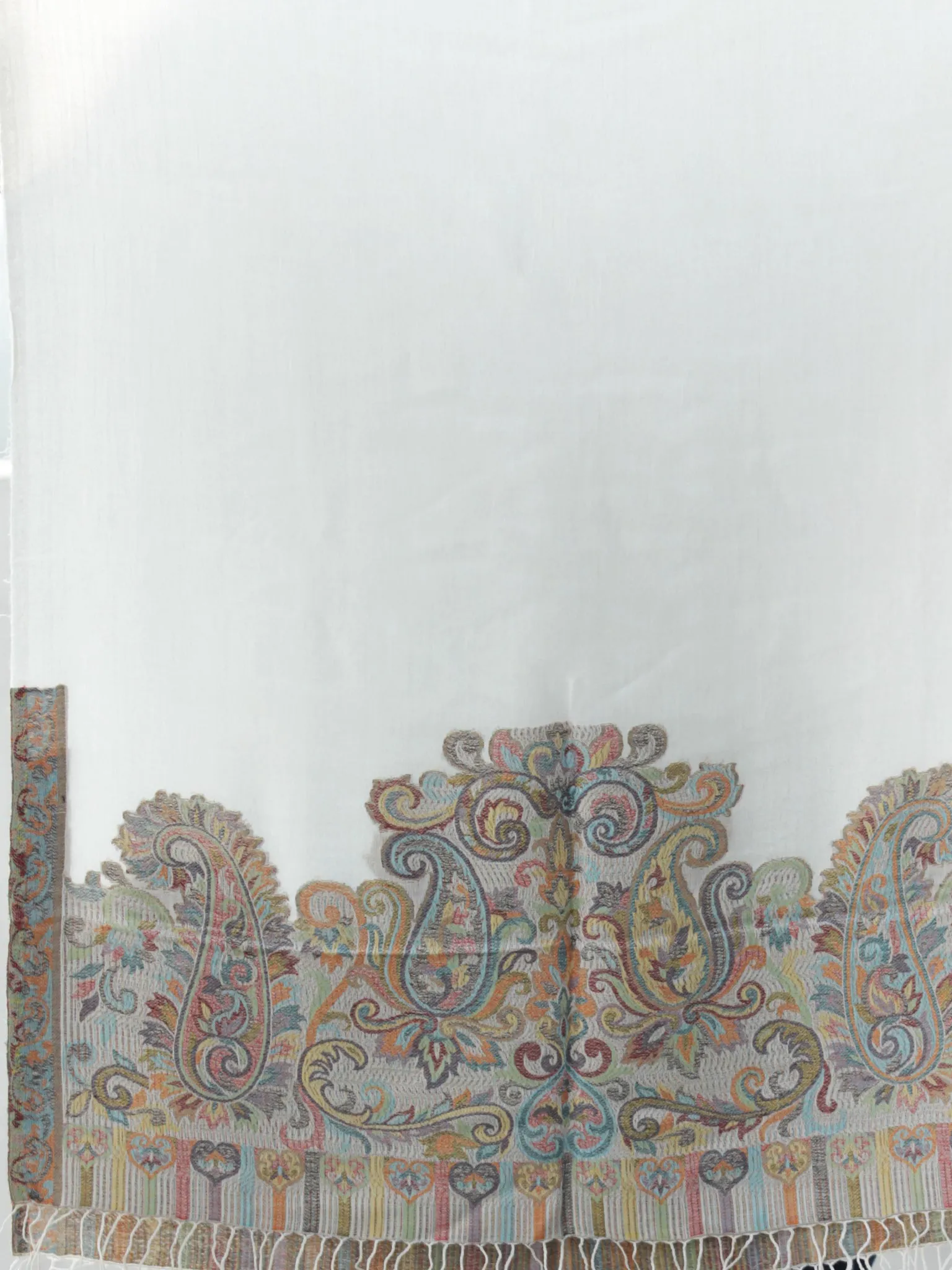 Ivory Multi Color Paisly Weaved Border Silk Wool Kashmiri Stole - S200573