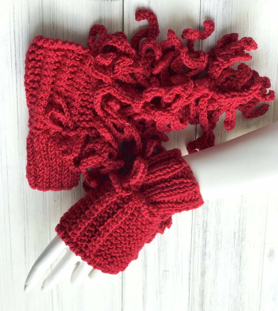 Knitted Scarf and Mittens for Women, Scarf and Fingerless Gloves Set in Red Color