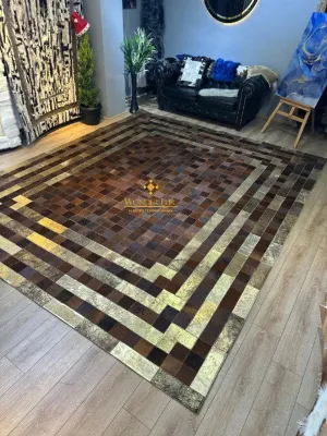 Luxury Handmade Brown And Gold Large Area Rug , 10x12 Patchwork Carpet