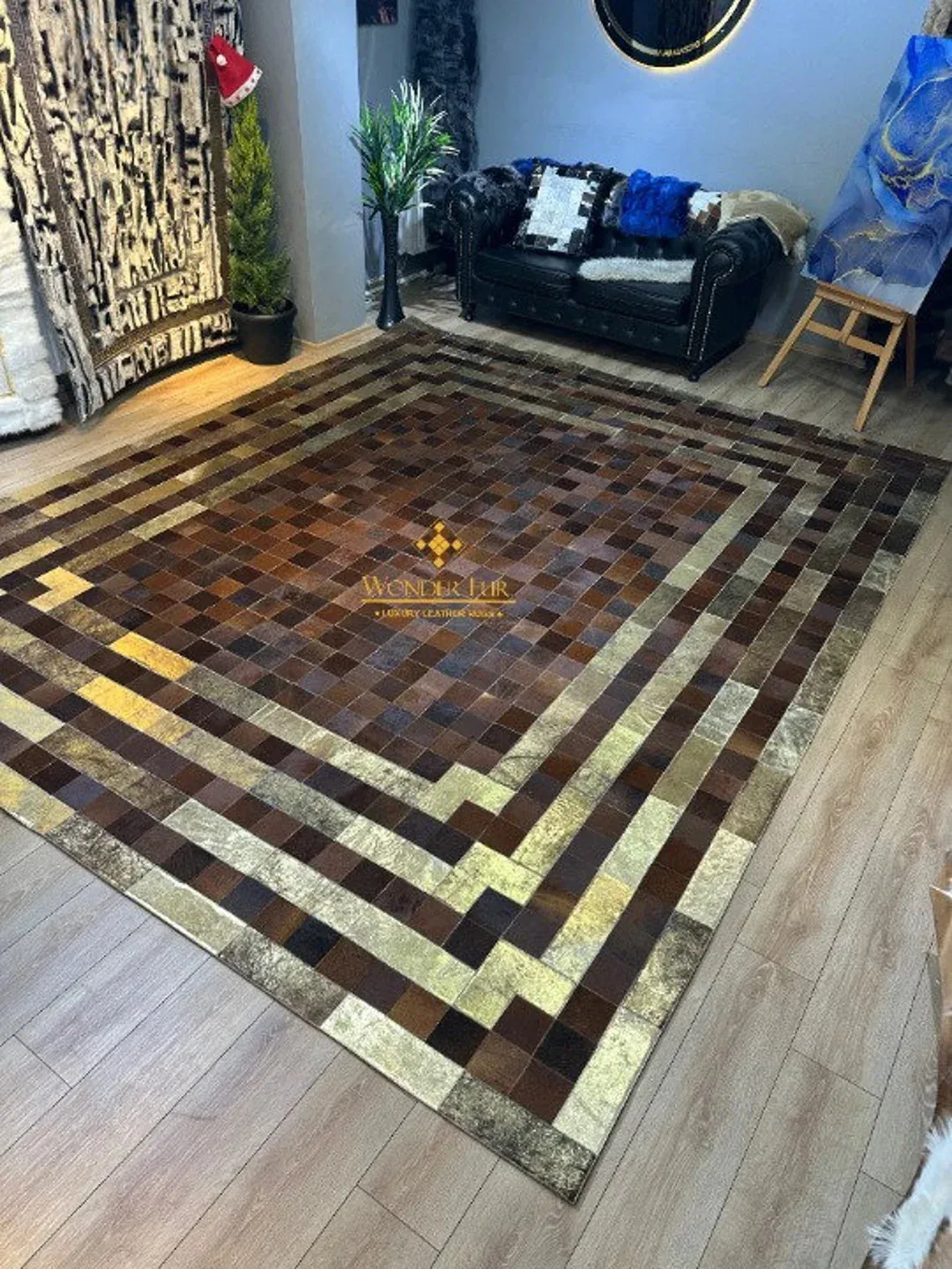 Luxury Handmade Brown And Gold Large Area Rug , 10x12 Patchwork Carpet