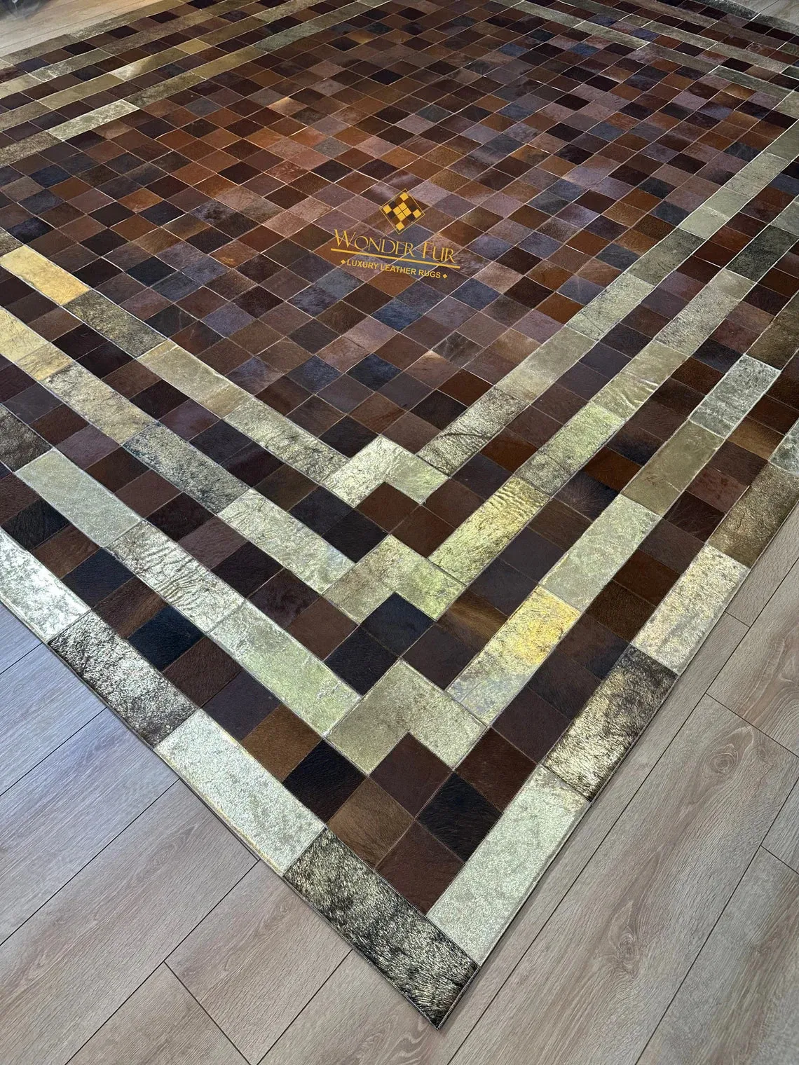 Luxury Handmade Brown And Gold Large Area Rug , 10x12 Patchwork Carpet