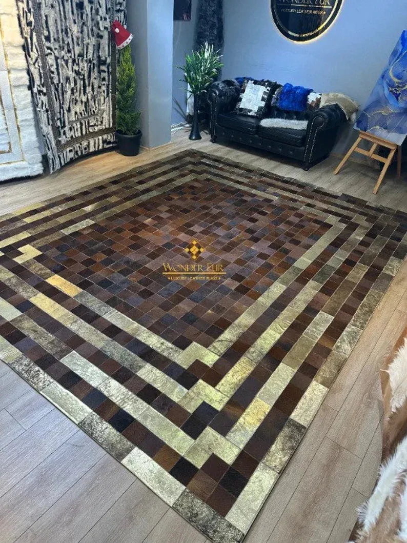 Luxury Handmade Brown And Gold Large Area Rug , 10x12 Patchwork Carpet