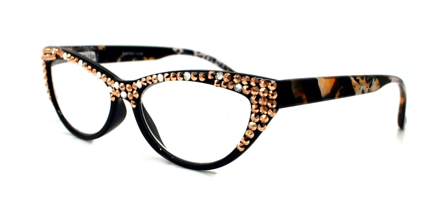 Lynx, (Bling) Women Reading Glasses W(Full TOP) (Clear n Rose Gold) Genuine European Crystals Cat Eyes Tiger Print Cat eye NY Fifth Avenue