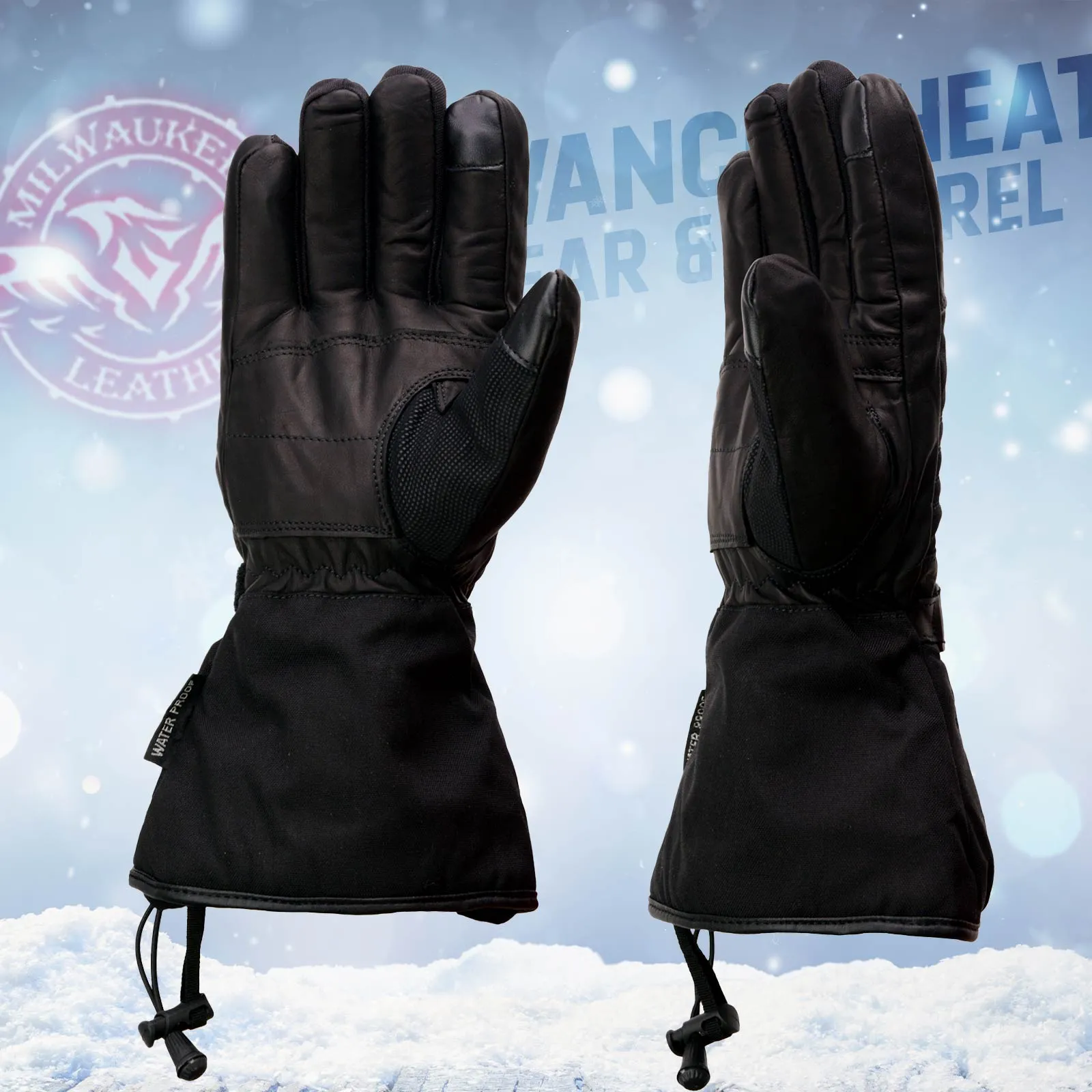 Milwaukee Leather MG17501SET Men’s Heated Black Leather/Textile Winter Gloves w/Battery/Harness Wire and i-Touch