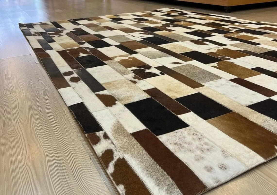 Multicolor Handmade Real Cowhide Bedroom Rug , Scandinavian Area Rug