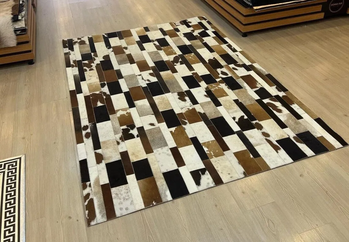 Multicolor Handmade Real Cowhide Bedroom Rug , Scandinavian Area Rug