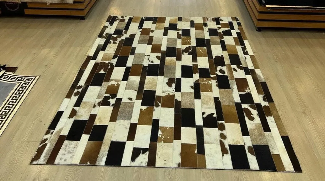 Multicolor Handmade Real Cowhide Bedroom Rug , Scandinavian Area Rug