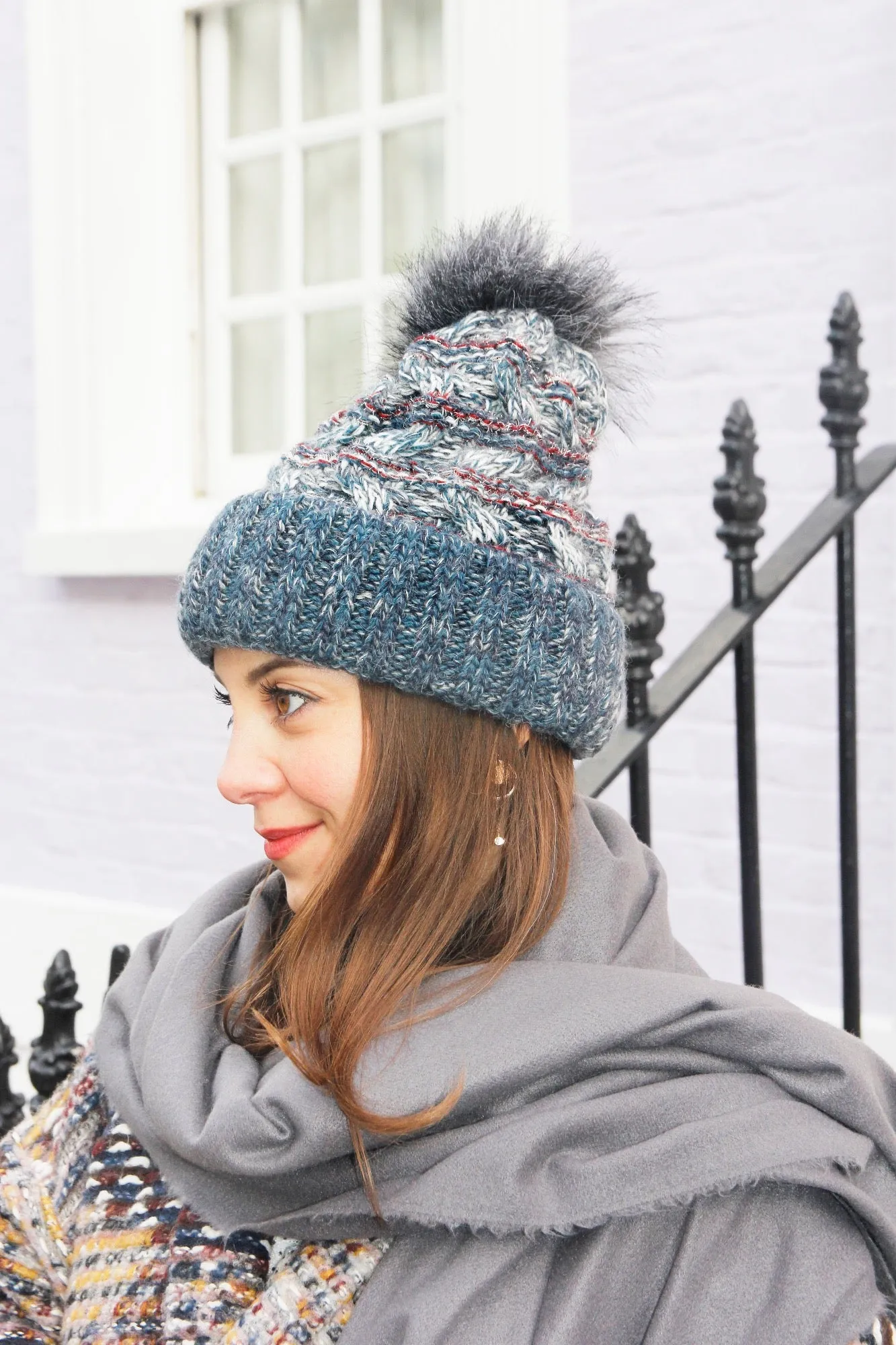 Navy & Burgundy Multi Colour Knitted Beanie Hat