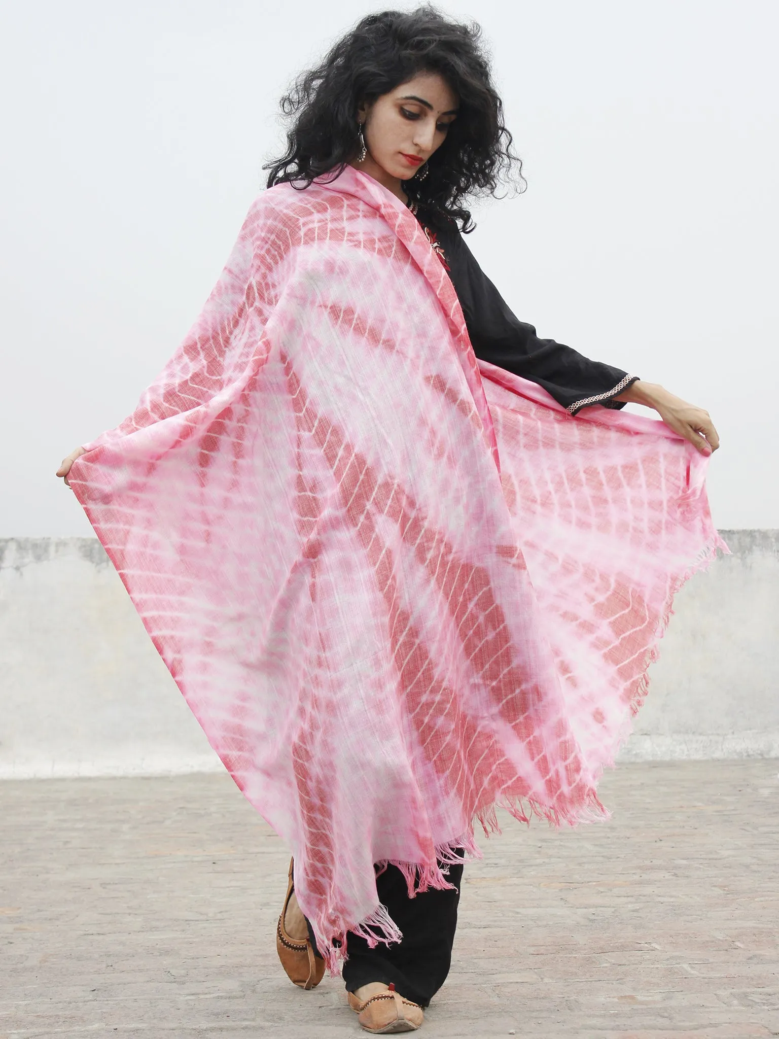 Pink Ivory Cashmere Semi Pashmina Woolen Tie & Dye Stole - S6317190