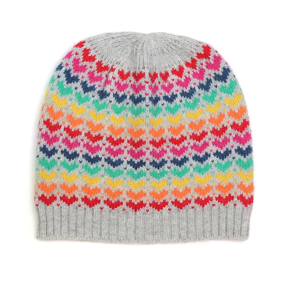 POM Grey Wool Blend Rainbow Heart Beanie Hat