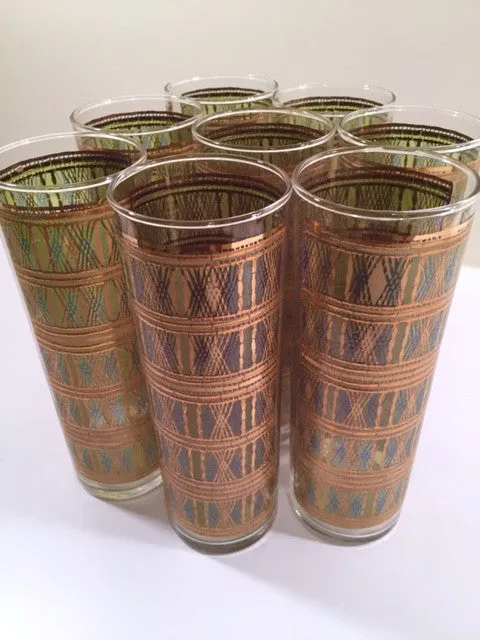 Starlyte Mid-Century Zombie Green and 22-Karat Gold Collin Glasses (Set of 8 in Original Box)