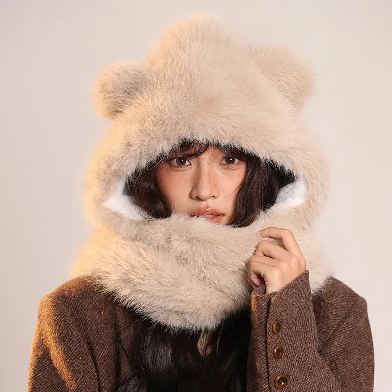 TAVIMART  -  High Quality Plush Bear Ears Beanie Hat Scarf Integrated Winter Cute Warm Thickened Lei Feng Hat Riding Windproof Ear Russia Cap