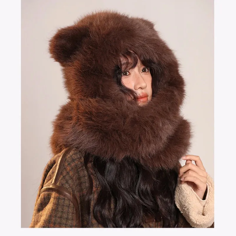 TAVIMART  -  High Quality Plush Bear Ears Beanie Hat Scarf Integrated Winter Cute Warm Thickened Lei Feng Hat Riding Windproof Ear Russia Cap