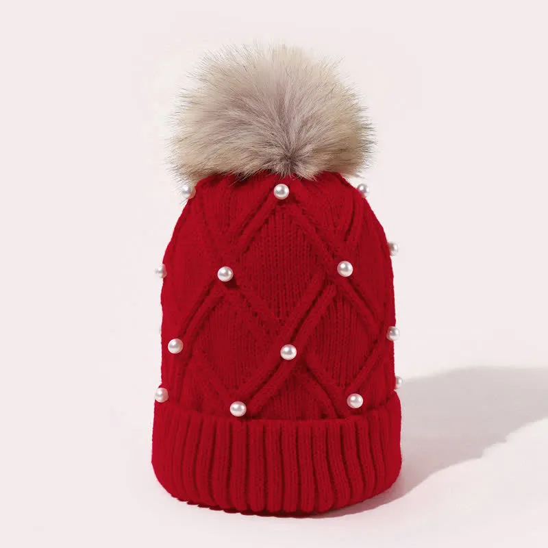 Women's Cute Pearls Deor Pompoms Stretchy Knitted Hat